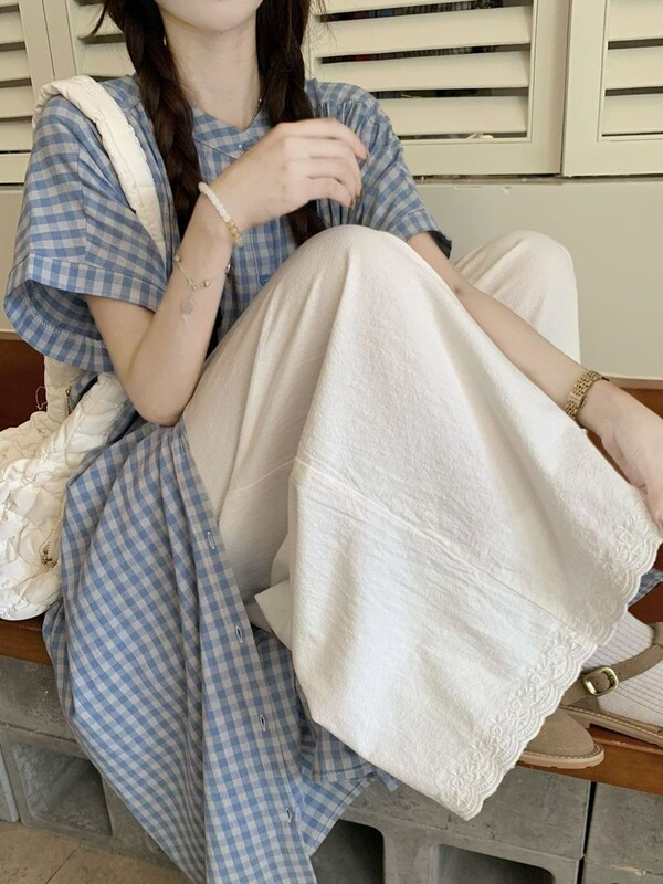 格纹长款设计感度假风短袖衬衫女夏季新款宽松休闲长裤时尚套装潮|undefined