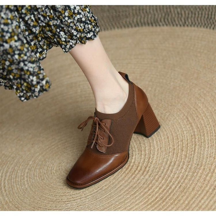 New British style square toe high heel shallow mouth single-layer shoes for women 2024 Spring and Autumn New retro fashion chunky heel stretch leather shoes New British style square toe high heel shallow mouth single-layer shoes for women 2024 Spring and Autumn New retro fashion chunky heel stretch leather shoes