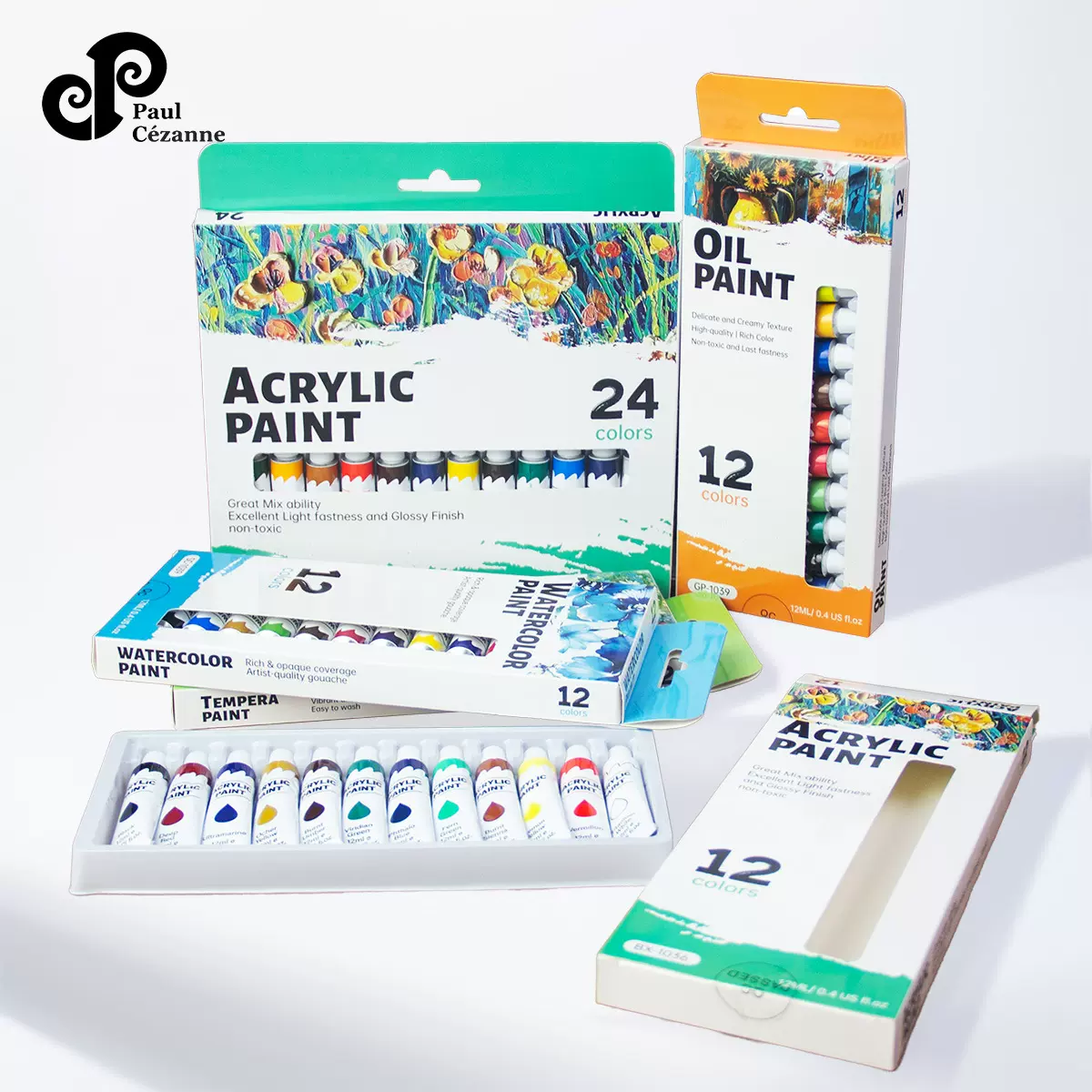 保罗塞尚跨境12色丙烯颜料套装12ml铝管美术绘画专用diy涂鸦颜料