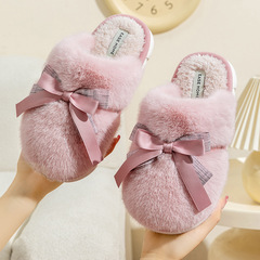 新款室內家居保暖防滑厚底毛毛拖鞋蝴蝶結棉拖鞋女生情侶冬季批發