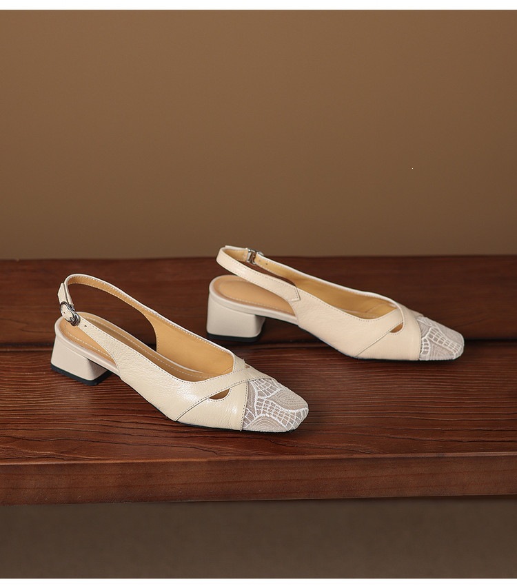 Sandal cao gót nữ hở mũi da cừu lưới phối màu quai ngang khóa — màu đen, màu trắng ngà chi tiết 14