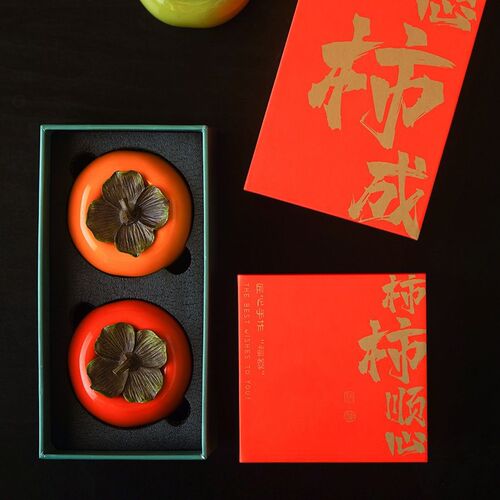 Simulated persimmon tea jar mini ceramic persimmon jar small jar tea jar decoration everything goes well empty gift box packaging