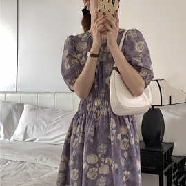 法式减龄小众少女感复古碎花连衣裙女收腰显瘦短袖韩版紫色长裙子