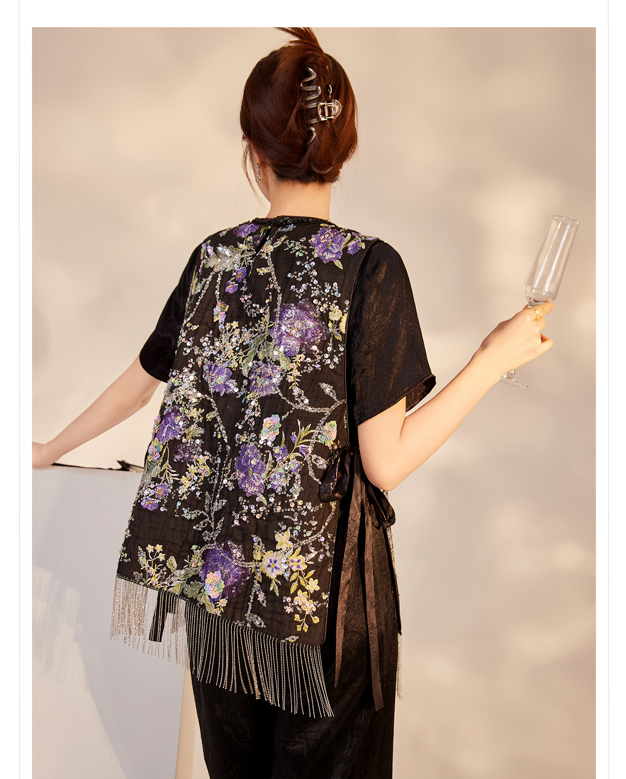 Áo vest gile nữ không tay thêu họa tiết cổ trang đen cao cấp — Màu đen chi tiết 11