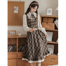 法式假两件复古格纹绝美连衣裙女2024秋冬新款长袖小个子荷叶边裙