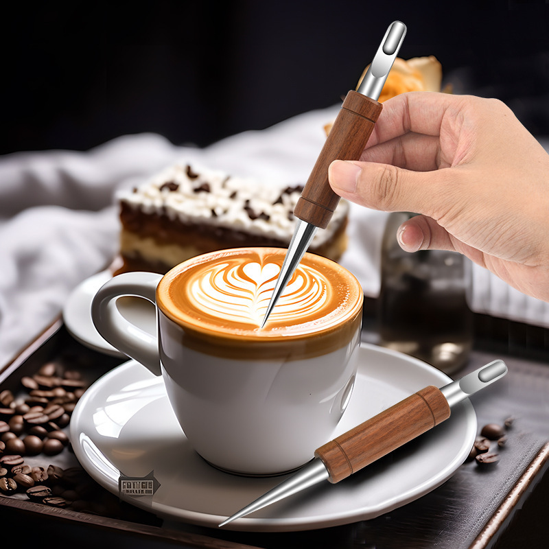 Coffee Latte Art Needle Stainless Steel Carving Needle Solid Wood Rosewood Latte Coffee Crochet Needle Fancy Coffee Latte Art Pen