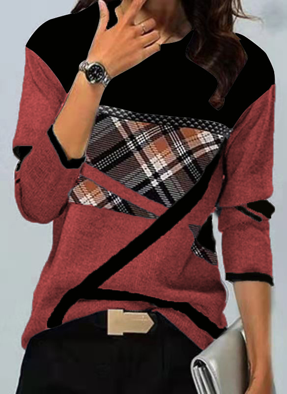 Ropa de mujer transfronteriza europea y americana compatible con varias plataformas, nueva camiseta de manga larga con cuello redondo y estampado de posicionamiento en contraste
