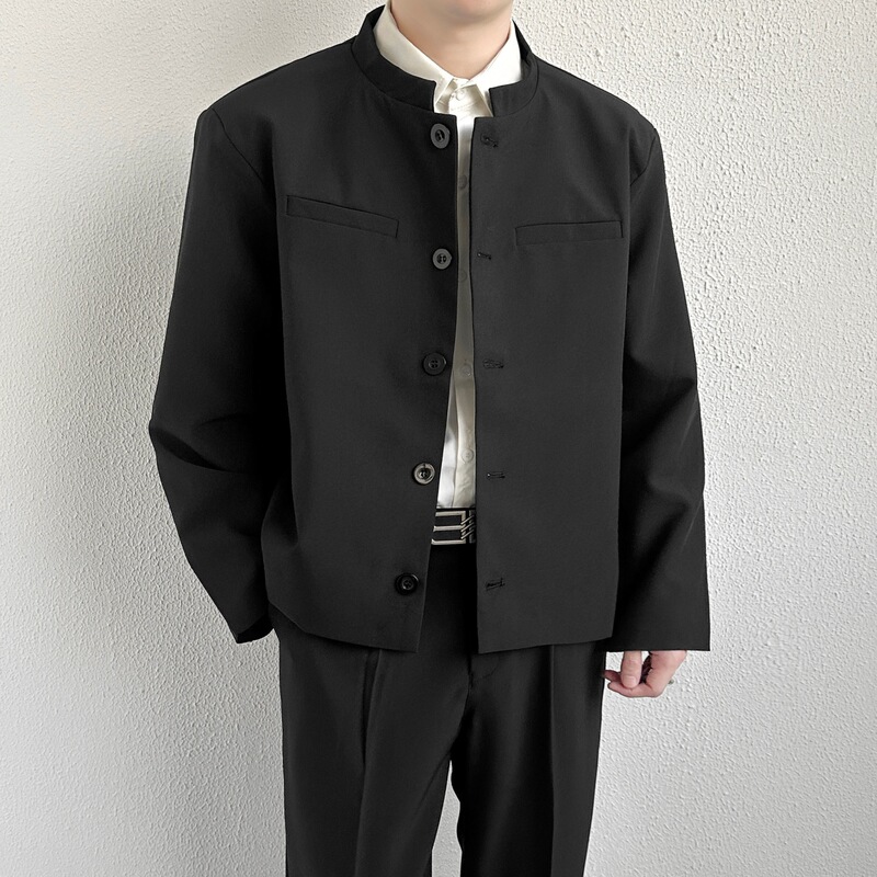 High-End Stylish Burgundy Stand-Collar Short Blazer for Men, Spring and Autumn Loose Casual Suit with Shoulder Pads High-End Stylish Burgundy Stand-Collar Short Blazer for Men, Spring and Autumn Loose Casual Suit with Shoulder Pads