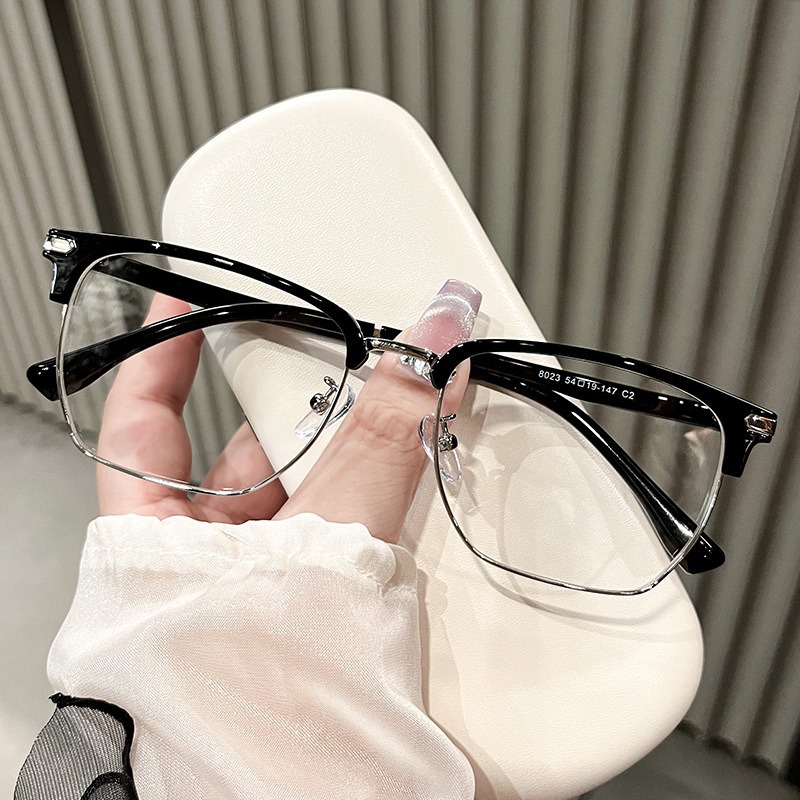 Tr90 marco negro de plata de gafas de miopía para hombres con medio marco de grados de gran cara anti-luz azul marco de gafas metálicas