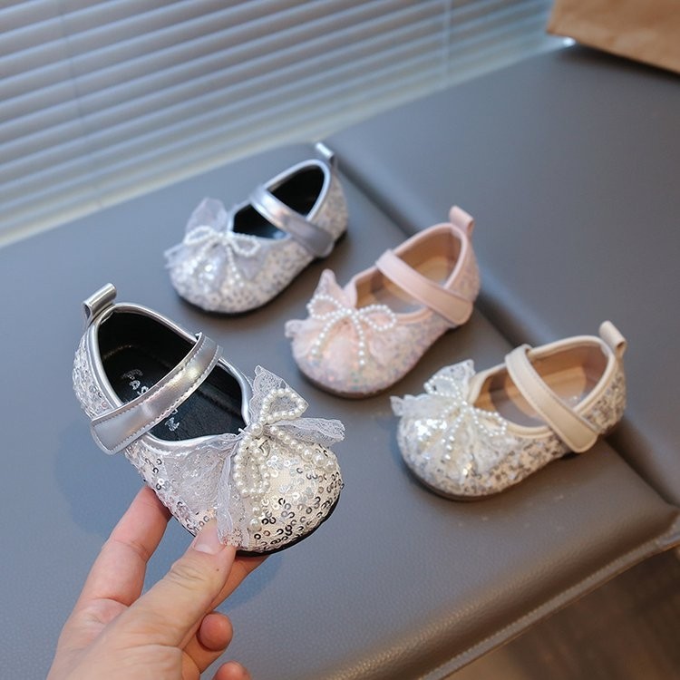 Girls' Leather Shoes, Pearl Bow Princess Shoes, Baby Girl's Shiny One-Year-Old Dress, One-Year-Old 2 Baby Toddler Shoes 3