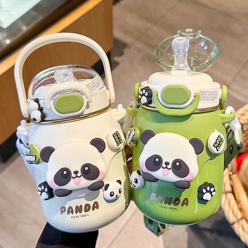 Panda Children's Thermos Cup, Large Capacity, Special for Students Going to School, Big Belly Cup, High-Looking Straw Cup for Girls, Gift Box