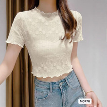 2025夏季新款 蕾丝针织短袖修身显瘦短款t恤上衣