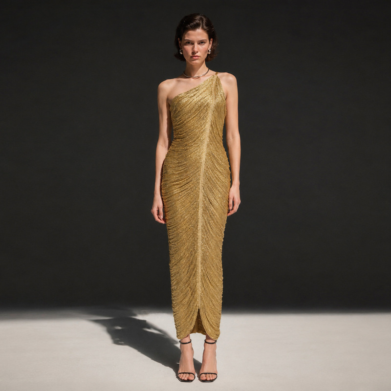 Cross-Border High-Elastic Knit Bandage Dress with One-Shoulder Design, Gold Sleeveless Tassel Gown, Slimming Waist, Evening Party Dress