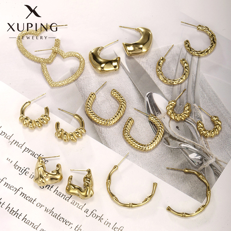 Xuping joyería de acero inoxidable otoño invierno pendientes de moda europea y americana personalidad en forma de C bambú torsión pendientes de amor para mujeres