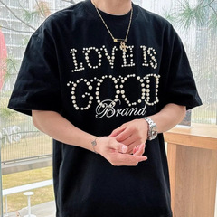 オリジナル品質のGOODビーズクラフトスローガンLOVEカジュアルベーシック多用途ルーズ半袖Tシャツ男性と女性用