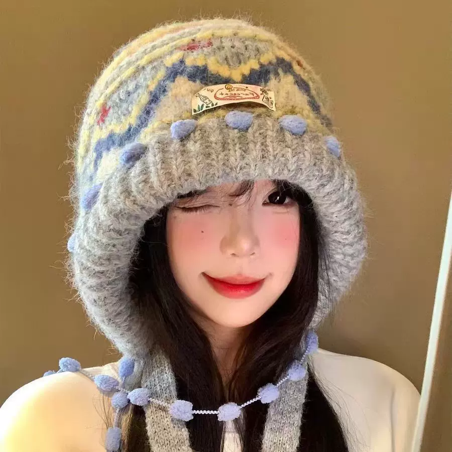 费尔岛风复古洋气秋冬季保暖毛球流苏护耳针织帽亲子手工毛线帽女