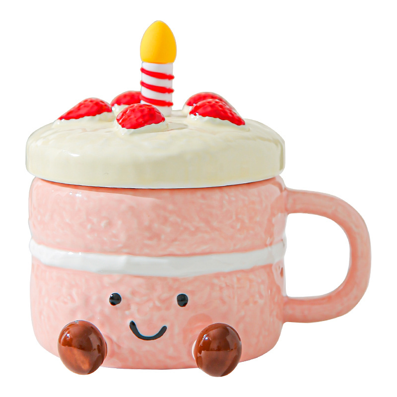 Canta de vela de cumpleaños encantadora tarta de cerámica taza de marca de dibujos animados con taza de agua de tapa de expresión creativa taza de café sonriente