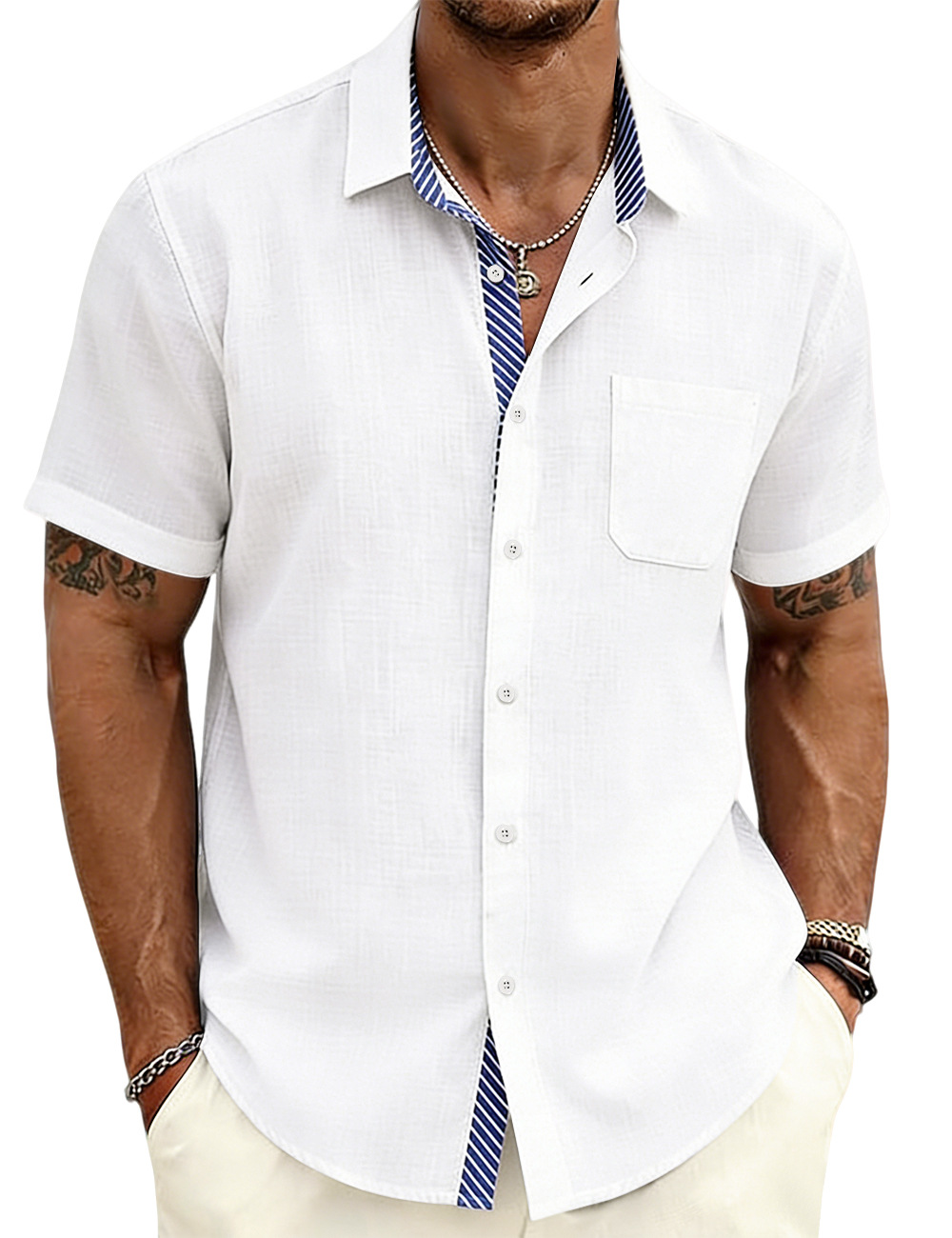 Verano europeo y americano nuevo hombre revestimiento a rayas de manga corta camisa de comercio exterior exterior casual europea americana