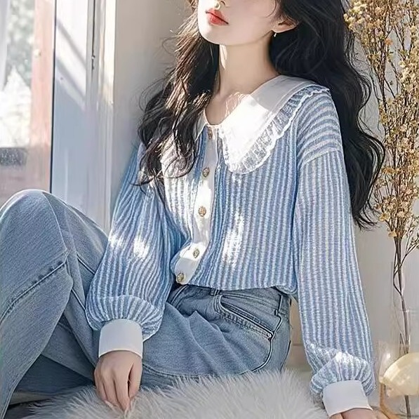 Blue striped lace stitching doll collar shirt women's 2025 spring new this year's popular super good-looking shirt clothing