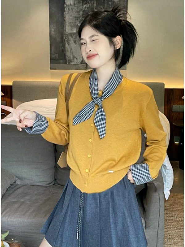 早秋新款假两件圆领毛衣外套女装2025韩系高级感气质针织开衫上衣|undefined