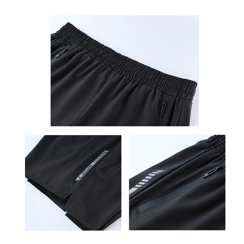 Los hombres de verano corriendo pantalones de tres puntos falsos de dos piezas de deportes casuales pantalones cortos de entrenamiento de fitness de doble capa transpirables de secado rápido en stock