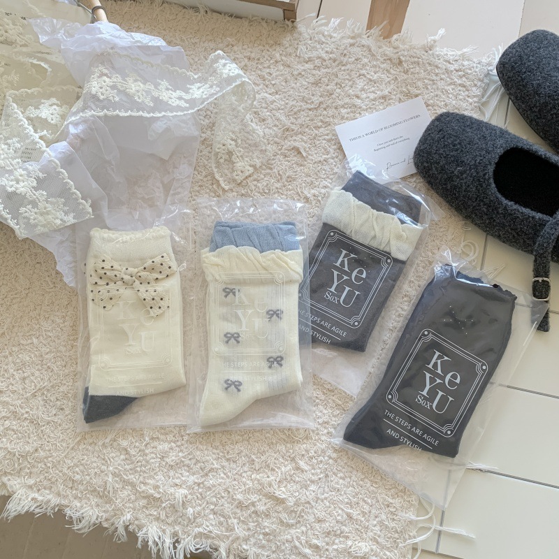 波点蝴蝶结袜子女时尚百搭芭蕾风中筒袜甜美泡泡口堆堆袜白色袜子|undefined