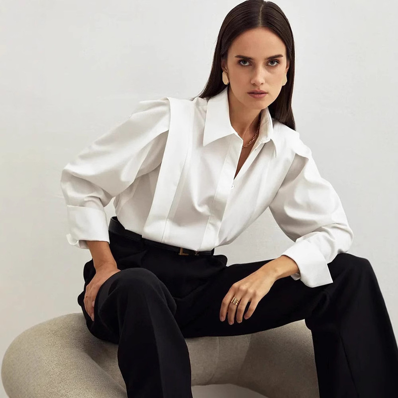 Cross-border Amazon Design Sense Niche European and American French Commuter Right Angle Shoulder Slim Shirt Women's Spring Long Sleeve Stitching