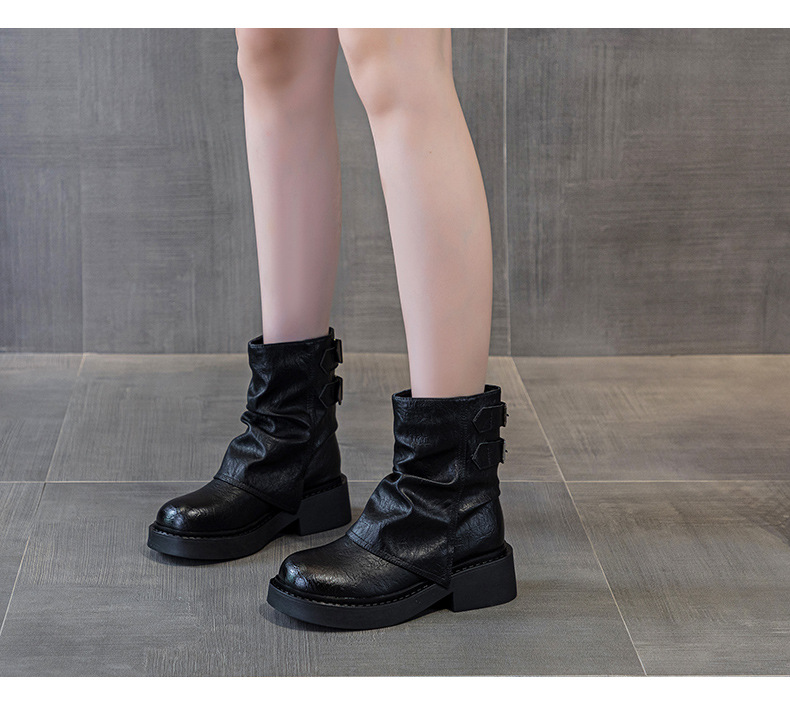 Giày bốt ngắn kiểu Anh nữ cổ thấp đế dày phong cách cưỡi ngựa xếp ly — M2656-1 kaki lót nhung, M2656 kaki một lớp bên trong, M2656 một lớp màu đen, M2656-1 màu đen lót nhung chi tiết 14