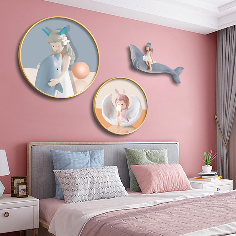 女孩儿童房温馨简约卧室挂画立体鲸鱼海豚摆件娃娃壁画床头装饰画