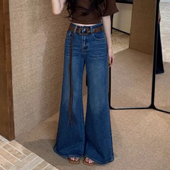 复古蓝色不贴腿微喇牛仔裤女春秋2025新款宽松显瘦高腰拖地阔腿裤