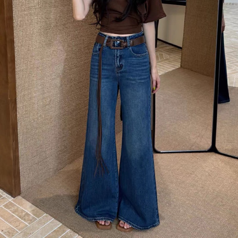 复古蓝色不贴腿微喇牛仔裤女春秋2025新款宽松显瘦高腰拖地阔腿裤|undefined