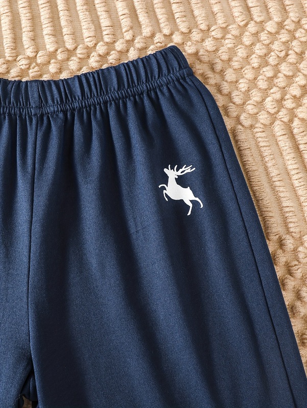 ツーピースボーイズシャツ、ヘラジカプリント、コントラストカラーステッチ半袖Tシャツ、春夏用ウエストゴムカジュアルパンツ|undefined
