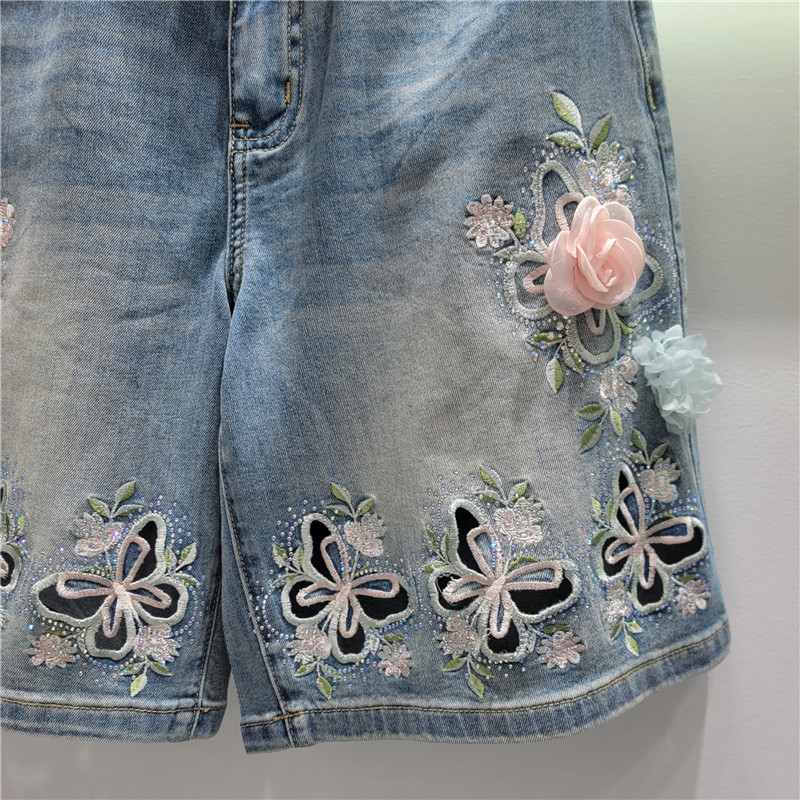 Shorts Bermudas de Denim con Bordado Calado y Tiro Alto para Mujer