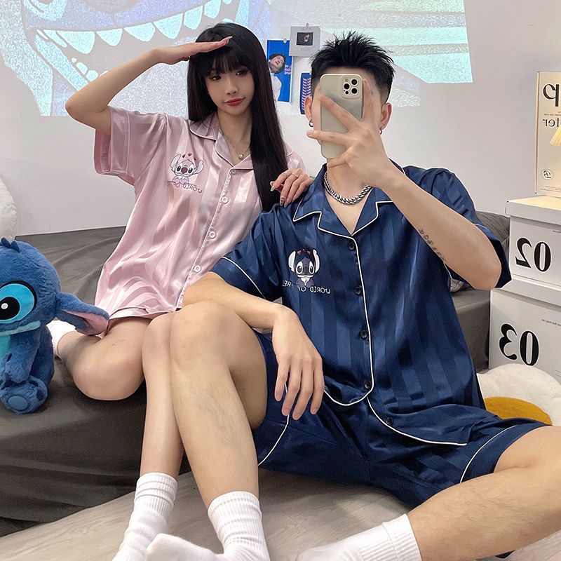 Ice Silk Couple Pajamas Summer Short-Sleeved Korean Style Cartoon Couple Outfit One Man and One Woman Cute Student Home Clothes for Outer Wear