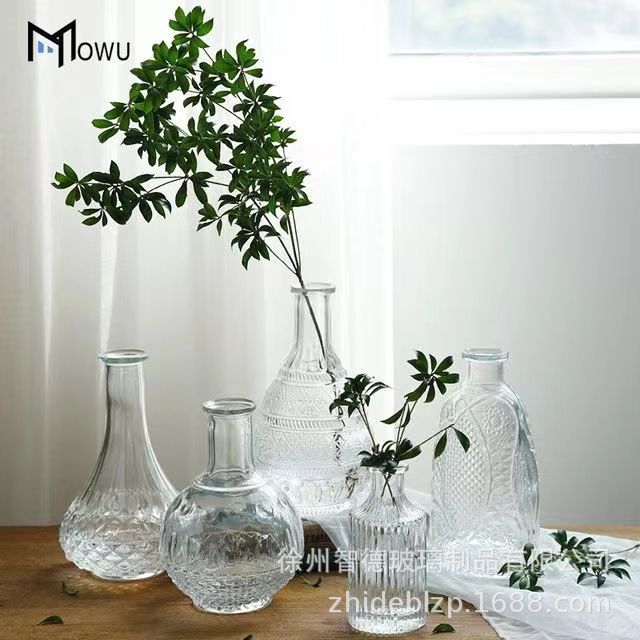 Fresco simple boca pequeña florero de vidrio flores secas florero de agua sala de estar hogar florero de vidrio transparente al por mayor