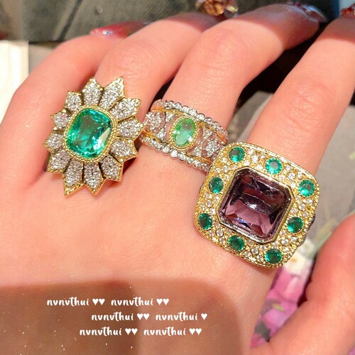 Sotheby's malachite emerald lace honeycomb ring designer 18K gold plated snowflake zircon ring