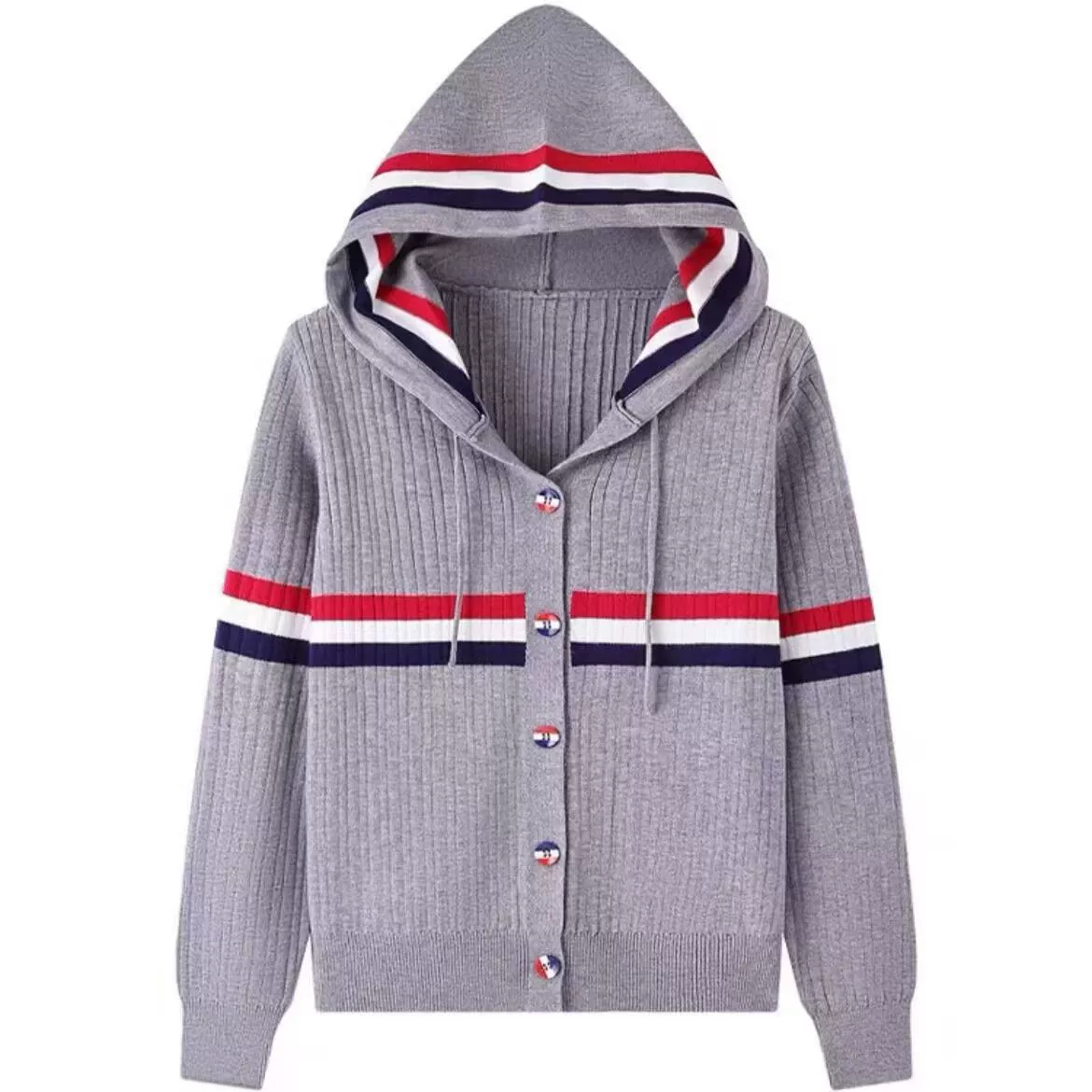 2024 Корейская полосатая свитер с капюшоном женская весна и осень тонкого кардиган трикотажная куртка