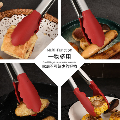 Silicone food tongs stainless steel bread tongs Korean barbecue tongs high temperature resistant food grade silicone food tongs wholesale