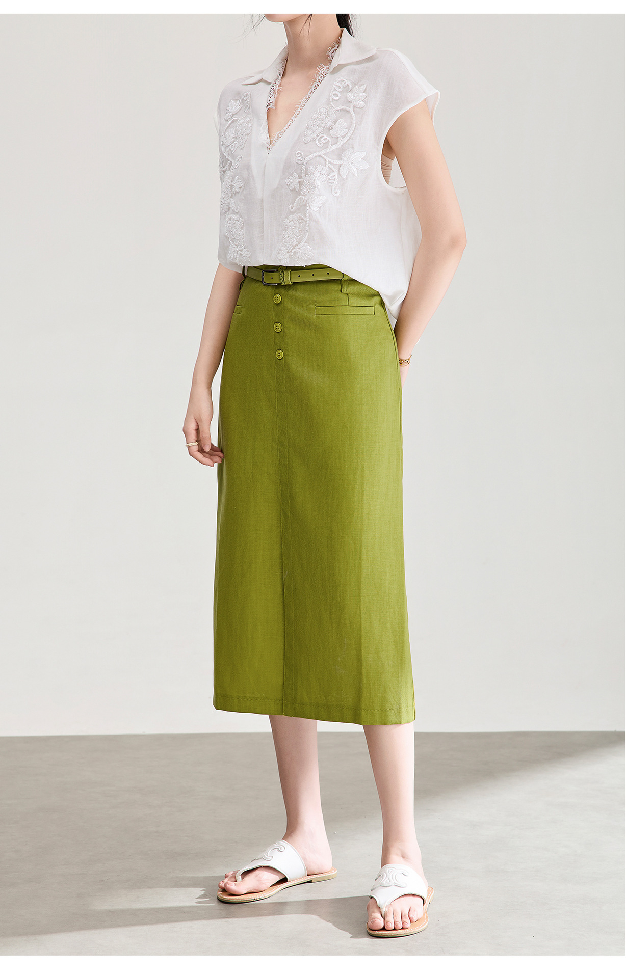 Chân váy xếp ly nữ xòe chất liệu tencel linen thoáng mát — Màu gai dầu thô chi tiết 12