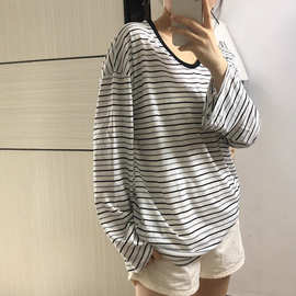 原版色织雪花条纹 韩系松弛慵懒条纹防晒t恤女长袖空调罩衫秋季