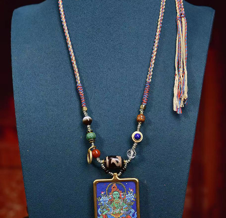 Tibetan Hand Painted Zakiram Thangka Amulet Pendant Green Tara