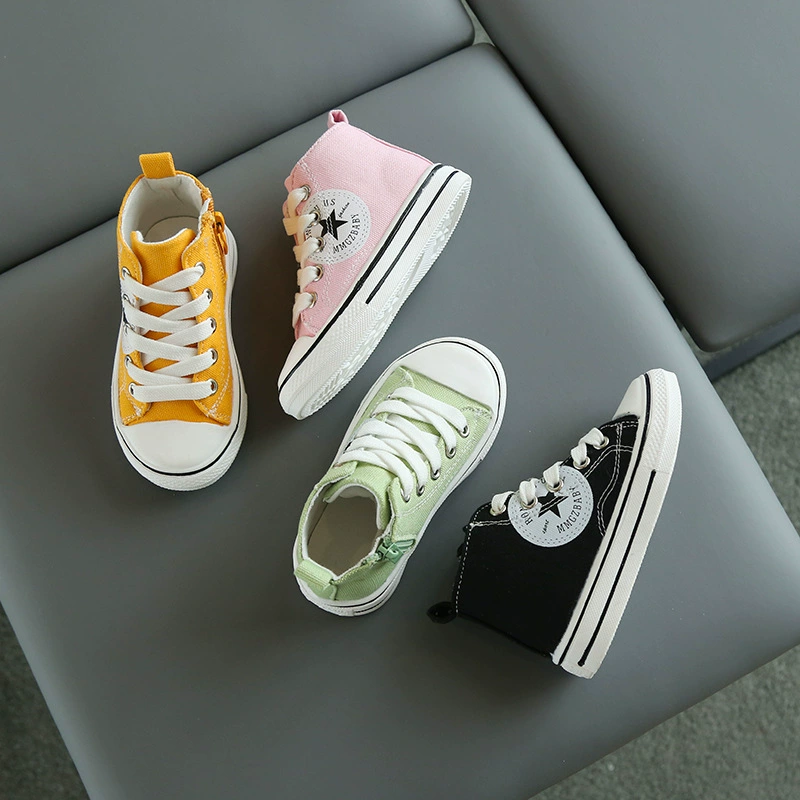 Парусиновая обувь с высоким берцем для мальчиков и девочек Корейская модная повседневная Тканевая обувь, Студенческая обувь, кроссовки с круглым носком и боковой молнией