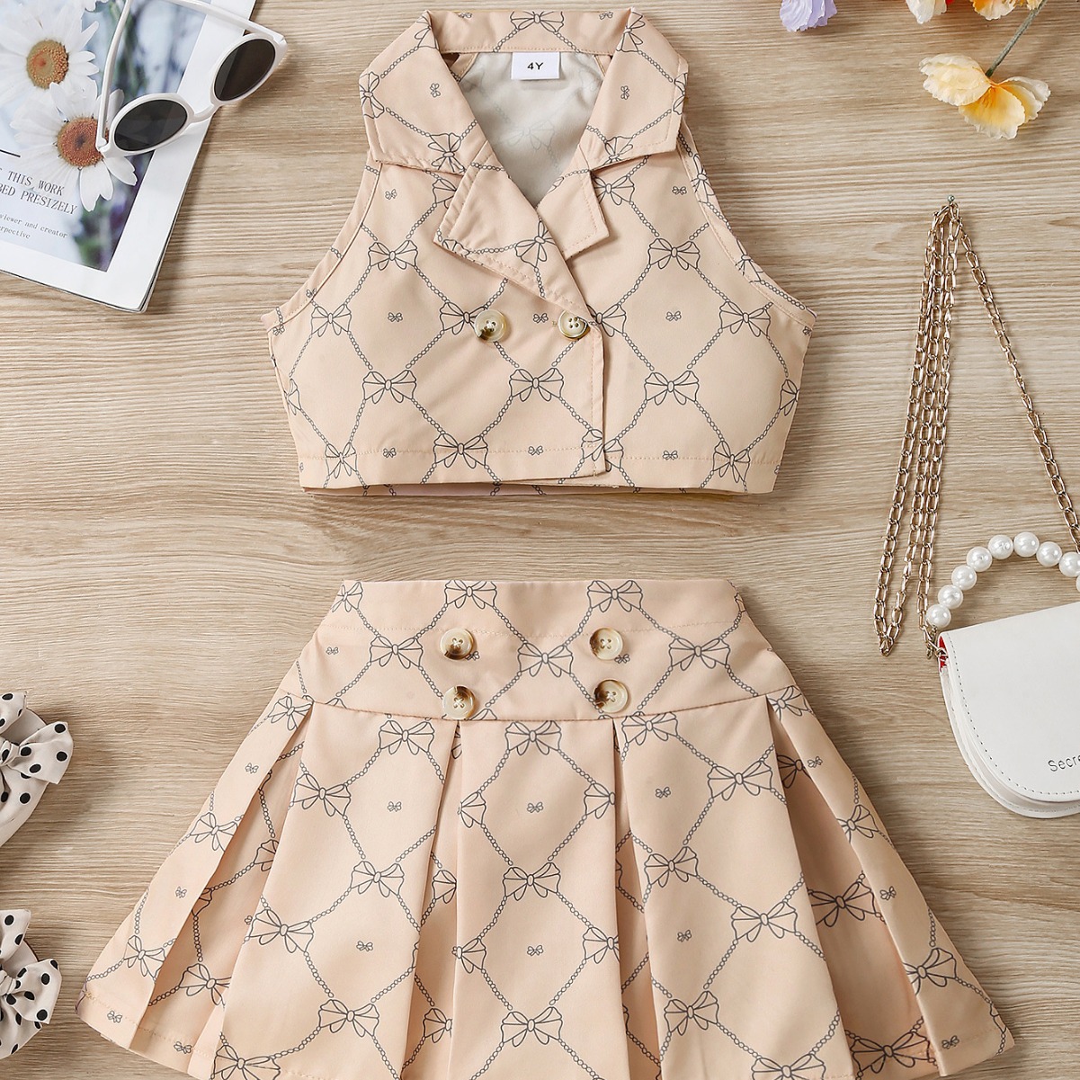 2024 nuevas niñas moda personalizada impreso traje solapa moda sin mangas chaleco Top + Falda plisada