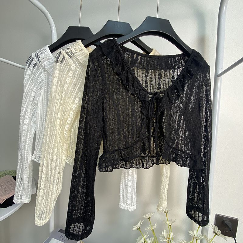 Lace-Up Collar Ruffled Lace Sun Protection Shirt for Women, Summer Thin Chiffon Shirt, Long-Sleeved Short Cardigan Jacket Top Lace-Up Collar Ruffled Lace Sun Protection Shirt for Women, Summer Thin Chiffon Shirt, Long-Sleeved Short Cardigan Jacket Top