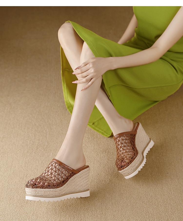 Dép sandal nữ bít mũi đế xuồng cao gót 9 cm phong cách biển — màu nâu, màu đen, màu mơ chi tiết 5