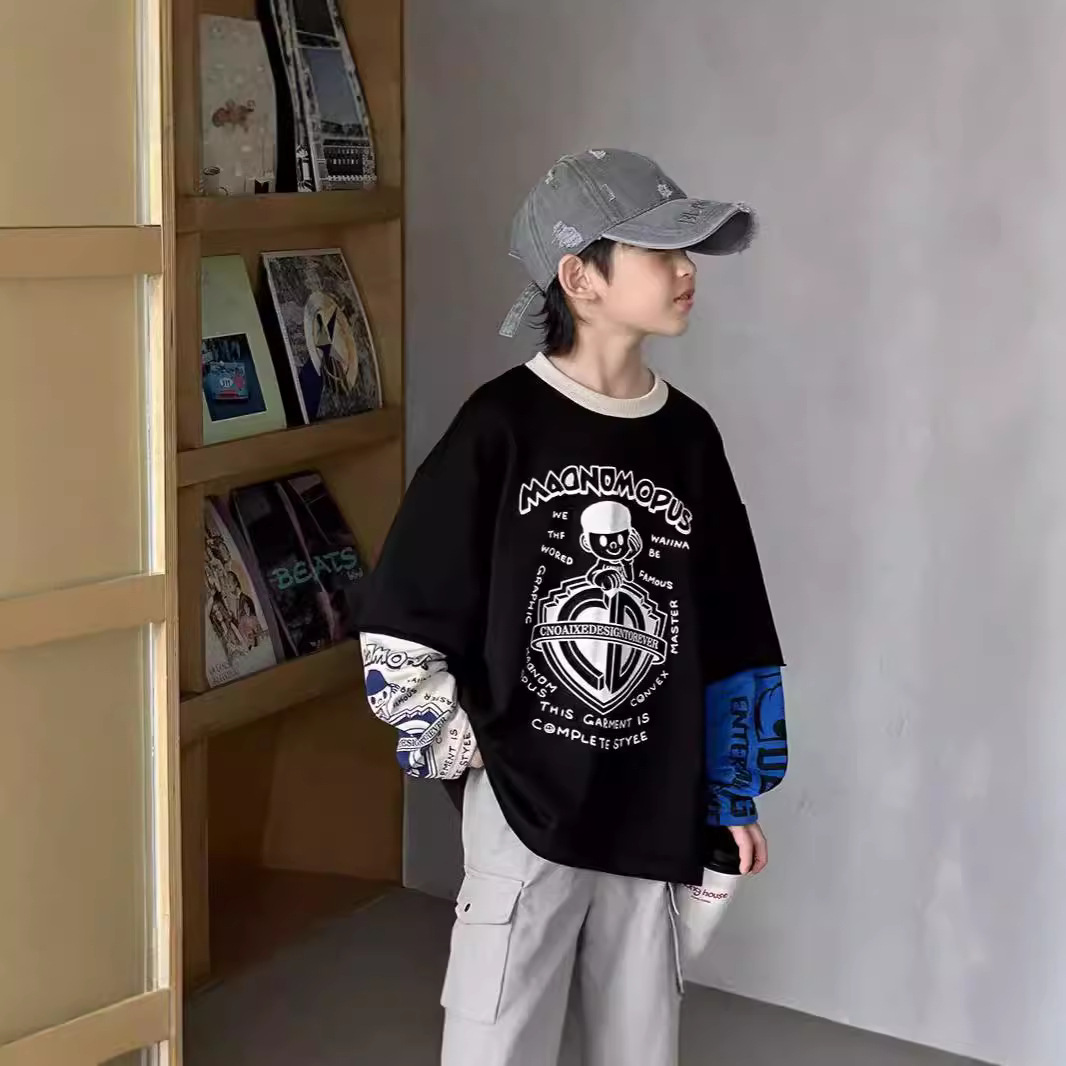 韩国代购男童复古假两件长袖T恤2024秋装潮宽松设计感中大童上衣