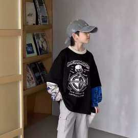 韩国代购男童复古假两件长袖T恤2024秋装潮宽松设计感中大童上衣