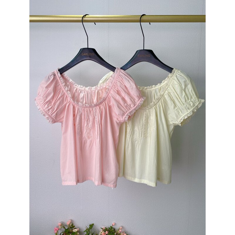 French Sweet Style~ Embroidered Shirt for Women in 2 Colors, Puff Sleeves, Round Neck, Sheer Pure Cotton, Gentle Blouse, Lace Top for Summer