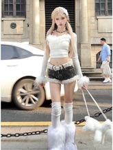 套装女秋季新款纯欲辣妹毛毛短款上衣高腰显瘦牛仔短裤两件套