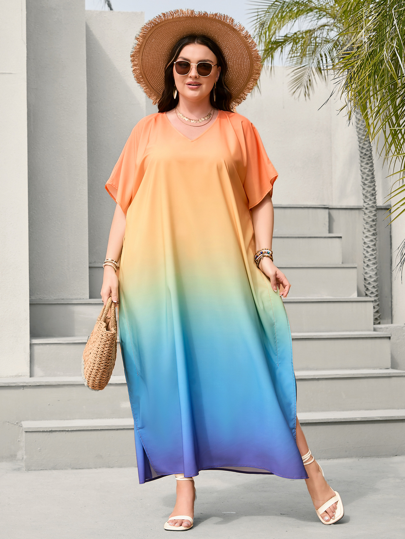 Vestido de playa de talla grande con estampado degradado europeo y americano, pareo de playa, protección solar, bata de playa